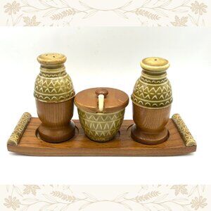 MCM Mid-Century Modern Ceramic & Wood Condiment Set – Salt, Pepper & Mustard